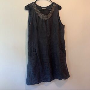Lina Tomei linen beaded shift dress navy with pockets